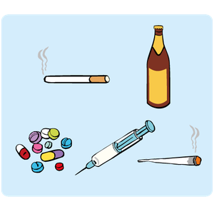 Eine Zigarette, eine Bier-Flasche, Tabletten und eine Spritze.